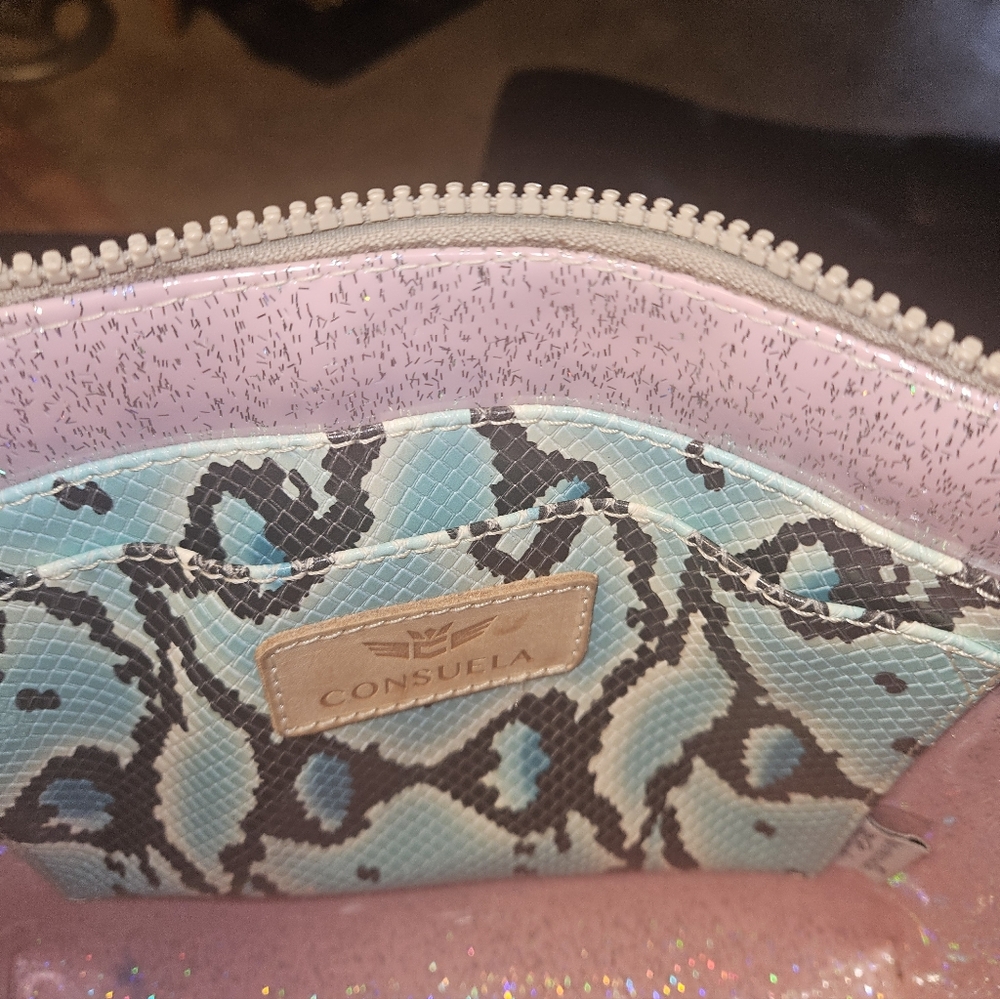 Colorful Patchwork Consuela Crossbody Purse with Snake Print Trim - Picture 5 of 5